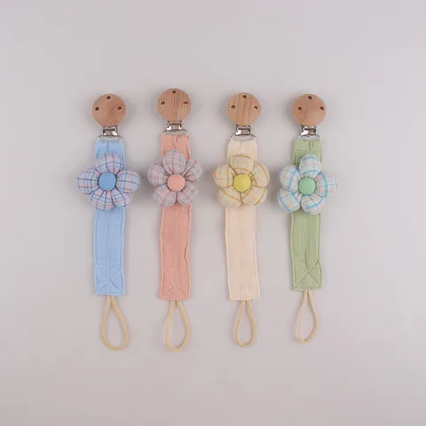 Cute Plaid Fabric Flower Baby Pacifier Clip Anti-Drop Chain Toy Holder For Infants Toddlers Silicone Dummy Strap Belt
