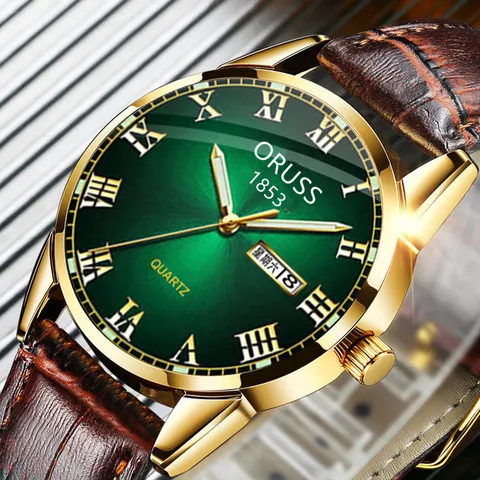 Men's Luminous Waterproof Quartz Watch Business Fashion Steel Case Leather Strap Dual Calendar Pointer Display Round Dial Wristwatch