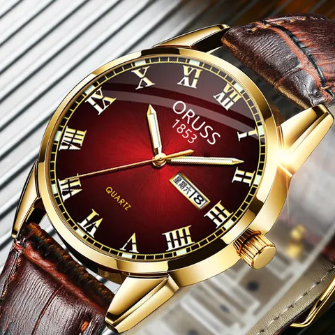Men's Luminous Waterproof Quartz Watch Business Fashion Steel Case Leather Strap Dual Calendar Pointer Display Round Dial Wristwatch