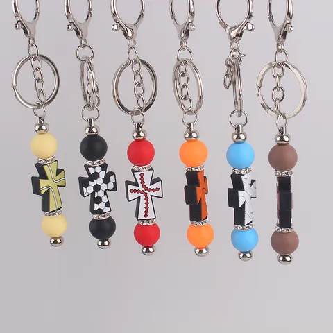 Minimalist Silicone Cross Beaded Keychain Rhinestone Lobster Clasp Bag Charm Pendant Fashion Key Ring Ornament For Women Men Gift