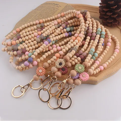 Handgemaakte Houten Kralen Siliconen Madeliefje Bloem Sleutelhanger Lanyard ID Badge Kaarthouder Decoratieve Nekriem Haak