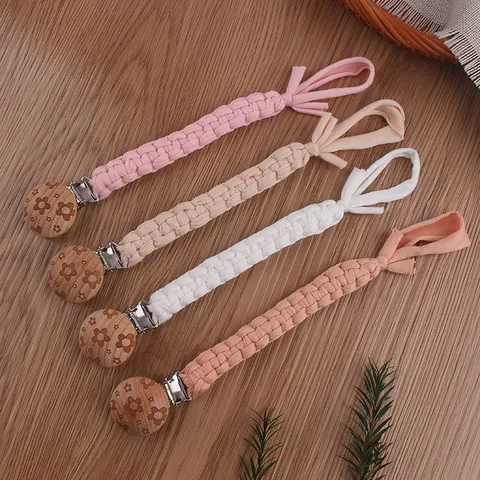 Hand-Woven Baby Pacifier Chain Beech Wood Floral Engraved Nipple Clip Multicolor Cotton Cord Infant Teething Toy Strap For Pacifier Holders