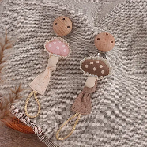 Forest Style Fabric Mushroom Cartoon Baby Pacifier Chain Wooden Clip Anti-Drop Holder Ribbon For Teething Toy Dummy Attache Tetine