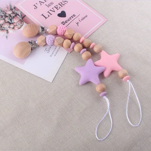 Infant Pacifier Clip Handmade Beechwood Silicone Star Beads Soothing Teething Chain Anti-Drop Dummy Holder For Baby Boys Girls