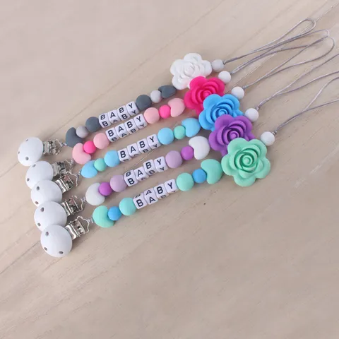 Attache Tétine en Silicone Mignonne Perles de Lettre Fleur Chaîne Anti Perte Clip de Mamelon pour Nourrissons Utilisation Quotidienne