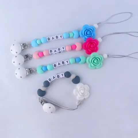 Attache Tétine en Silicone Mignonne Perles de Lettre Fleur Chaîne Anti Perte Clip de Mamelon pour Nourrissons Utilisation Quotidienne