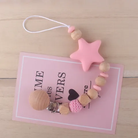 Infant Pacifier Clip Handmade Beechwood Silicone Star Beads Soothing Teething Chain Anti-Drop Dummy Holder For Baby Boys Girls