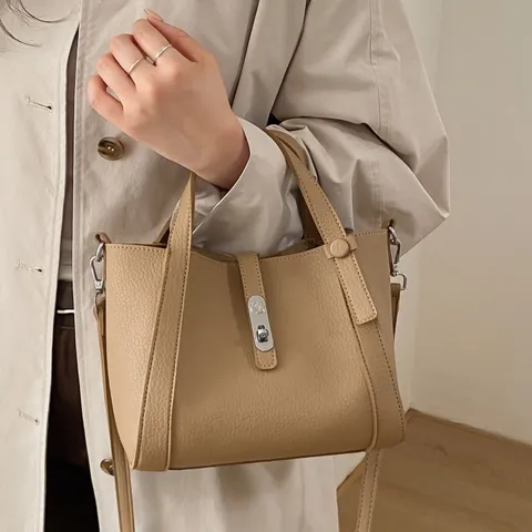 Women's Minimalist PU Leather Bucket Bag Casual Solid Color Handbag Retro Shoulder Crossbody Bag with Lock Closure
