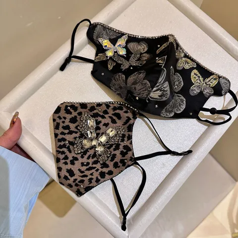 Fashion Leopard Print Rhinestone Butterfly Face Mask Light Luxury Embroidered Veil Dustproof Decorative Mask For Women Party Jewelry