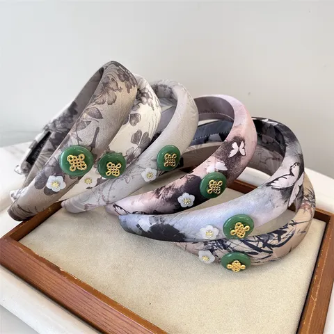 Serre-tête Jacquard Style Néo-Chinois Peinture à l'Encre Tissu Satiné Vintage Rembourré Éponge Accessoires Cheveux Femmes