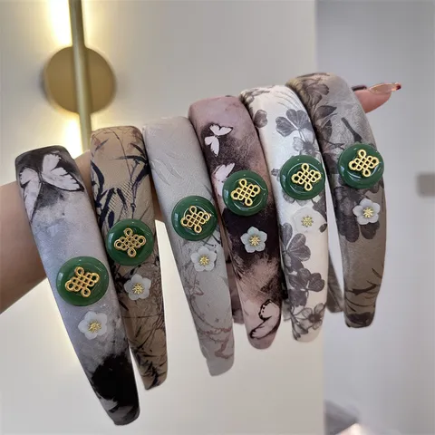 Serre-tête Jacquard Style Néo-Chinois Peinture à l'Encre Tissu Satiné Vintage Rembourré Éponge Accessoires Cheveux Femmes