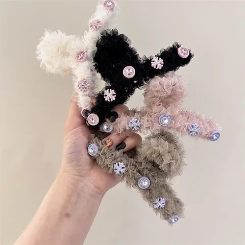 Elegant Mesh Fluffy Hair Claw Clip Trendy Artificial Crystal Rhinestone Shark Clip Sweet Headwear For Women Hair Styling Accessories