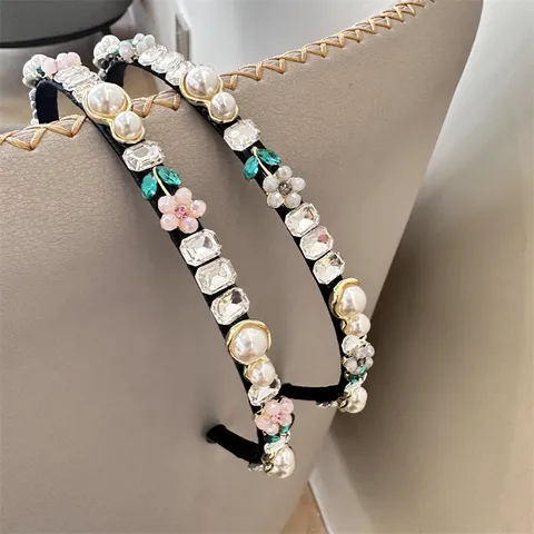Elegant Artificial Crystal Headband Thin Alloy Rhinestone Hair Band With Artificial Pearl Flower Decoration Hair Accessories For Women