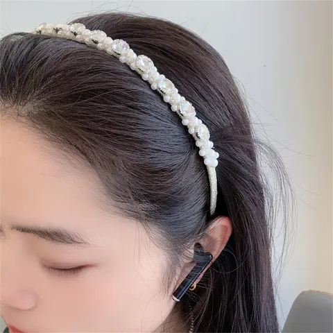 Elegant Artificial Crystal Headband Thin Alloy Rhinestone Hair Band With Artificial Pearl Flower Decoration Hair Accessories For Women