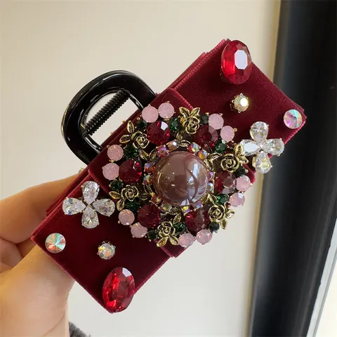 Barock Luxus Samt Schleife Haarkralle Vintage Strass Künstliche Perle Blumen Haarklammer Große Haarklemme Kopfschmuck Für Damen