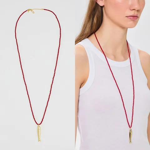 Collier Long Bohème Pour Femme Pendentif Poisson en Laiton Or et Perles de Rocaille Rouges Style Vacances Bijoux Fait Main