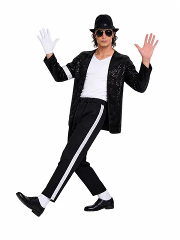 Set Costume da Ballo con Paillettes da Uomo Halloween Cosplay Abito da Spettacolo Teatrale Con Cappello Pantaloni Guanti Calzini