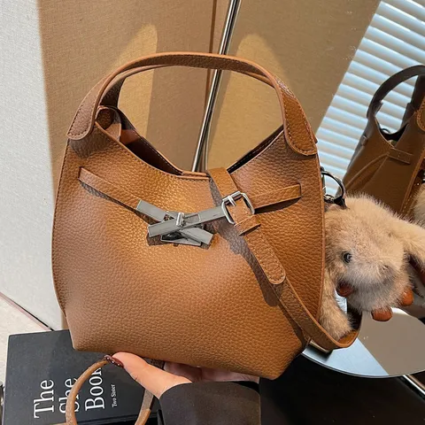 Women PU Leather Bucket Bag Minimalist Casual Commuter Single Shoulder Crossbody Handbag With Metal Lock