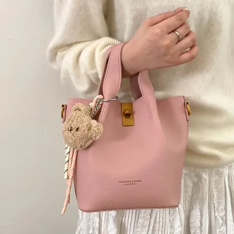 Women PU Leather Retro Bucket Bag Minimalist Solid Color Crossbody Bag With Cute Bear Pendant Fashion Handbag