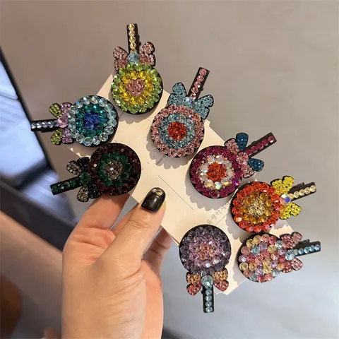 Pince à Cheveux Sucette en Cristal Artificiel Doux pour Femmes Enfants Mignon Couleur Strass Nœud Bec de Canard Pince Latérale Accessoires Cheveux