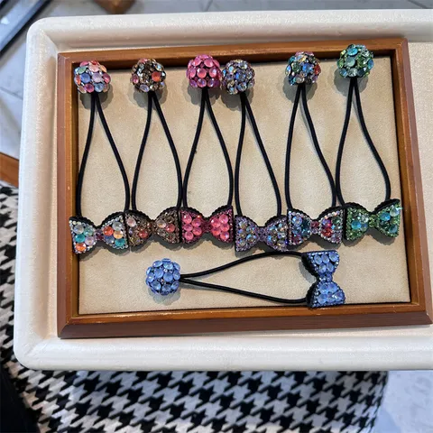 Korean Luxury Alloy Rhinestone Bowknot Hair Tie Shiny Crystal Round Ball Hair Bands Sweet Hair Scrunchies For Women Daily Hair Accessories