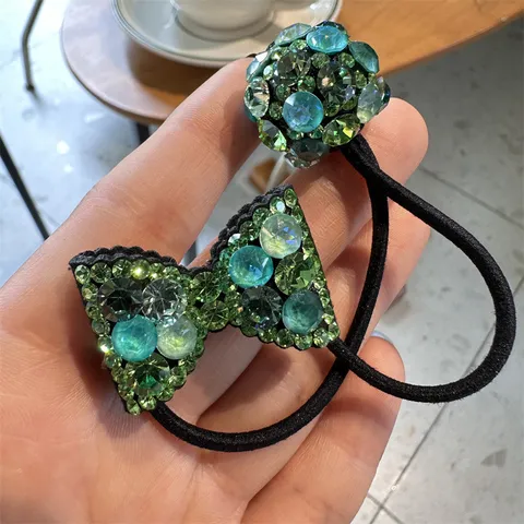 Korean Luxury Alloy Rhinestone Bowknot Hair Tie Shiny Crystal Round Ball Hair Bands Sweet Hair Scrunchies For Women Daily Hair Accessories