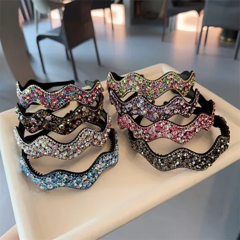 Luxus Wellen Strass Stirnband Für Damen Farbblock Rutschfest Kunststoff Haarband Funkelnd Kristall Kopfschmuck Party Haarschmuck