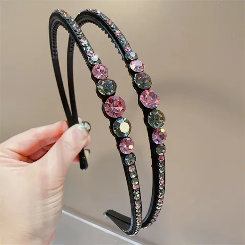 Serre-tête Élégant Double Rangée avec Strass pour Femme Doux Scintillant Mince Bandeau Cheveux Féminin Antidérapant Coiffure Quotidien Fête Accessoires Cheveux