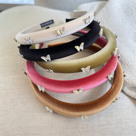 Franse Vintage Fluweel Gepolsterde Haarband Met Strass Vlinder Elegant Effen Kleur Handgemaakt Haaraccessoires Voor Vrouwen
