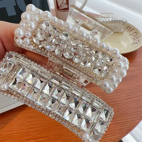 Koreanische Mode Glänzende Strass Haarkralle Luxus Künstliche Perle Eingesetzt Große Geometrische Rechteck Hai Klammer Damen Elegante Haarschmuck