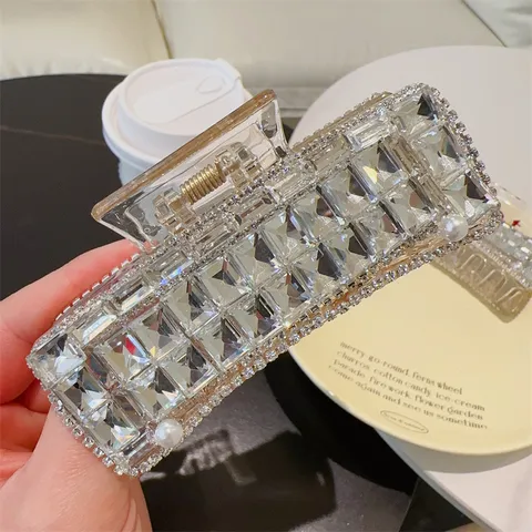 Koreanische Mode Glänzende Strass Haarkralle Luxus Künstliche Perle Eingesetzt Große Geometrische Rechteck Hai Klammer Damen Elegante Haarschmuck