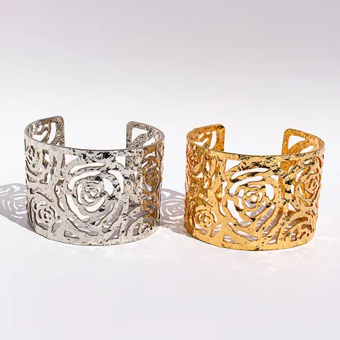 Exaggerated Brass Textured Floral Cuff Open Bangle Statement Hollow Rose Pattern Wrinkled Hollow Flower Wide Bracelet For Women