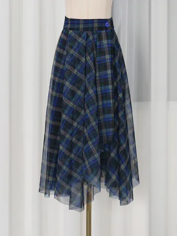Women High Waist Mesh Plaid Skirt Asymmetrical Hem Layered Tulle A-Line Midi Skirt Western Style Sexy Party Bottom Blue