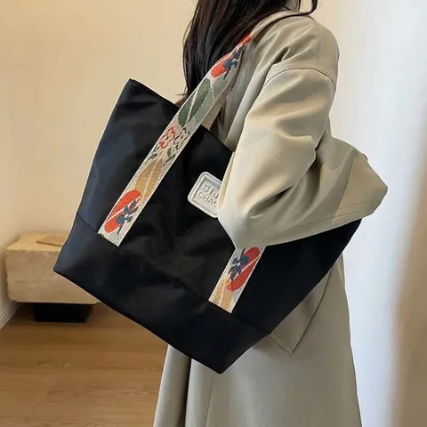 Große Kapazität Canvas Tote Bag Damen Floral Bestickter Breiter Riemen Schulter Umhängetasche Pendler Lässig