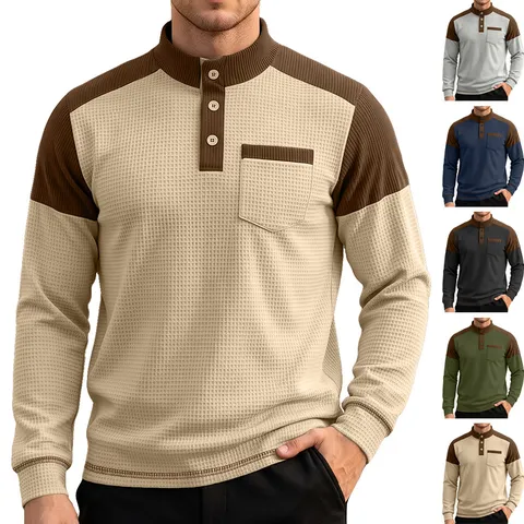Men Waffle Knit Sweatshirt Corduroy Patchwork Henley Stand Collar Long Sleeve Color Block Casual Urban Pullover Top