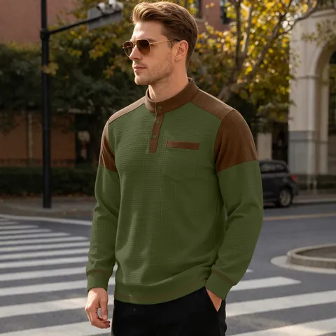 Men Waffle Knit Sweatshirt Corduroy Patchwork Henley Stand Collar Long Sleeve Color Block Casual Urban Pullover Top