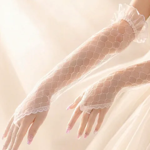 Guanti da Sposa Senza Dita in Pizzo Donna Tulle Trasparente Rete Matrimonio Festa Costume Sexy Maniche Con Strass