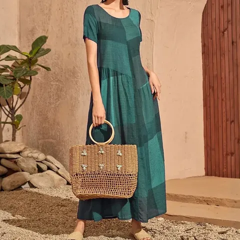 Women Retro Plaid Print Patchwork Maxi Dress Loose Waist Casual U-Neck Short Sleeve Pocket Summer Dress Polyester Top And Bottom