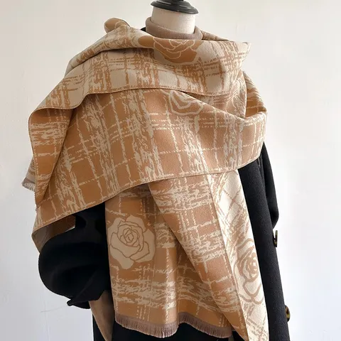 Elegant Rose Floral Plaid Scarf Shawl For Women Imitation Cashmere Thick Warm Double Sided Large Wrap With Tassels