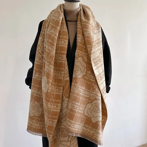 Elegant Rose Floral Plaid Scarf Shawl For Women Imitation Cashmere Thick Warm Double Sided Large Wrap With Tassels