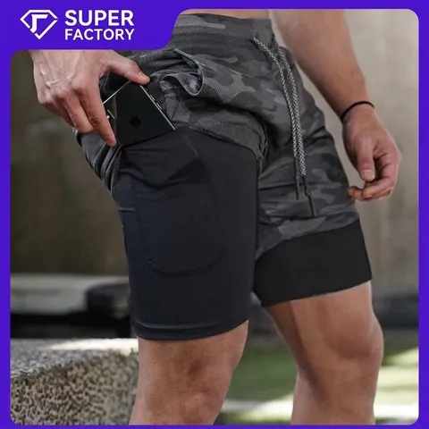 Men Quick Dry Double Layer Sports Shorts With Phone Pocket Breathable Camouflage Gym Running Workout Training Fitness Shorts