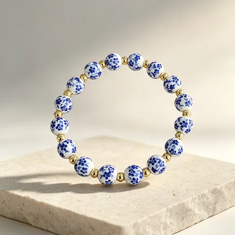 Neuer chinesischer Stil Retro Blau Weiß Porzellan Keramik Perlen Armband Für Damen Kupfer Metall Abstandshalter Schmuck Geschenk