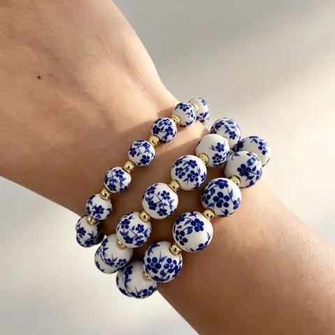 Neuer chinesischer Stil Retro Blau Weiß Porzellan Keramik Perlen Armband Für Damen Kupfer Metall Abstandshalter Schmuck Geschenk