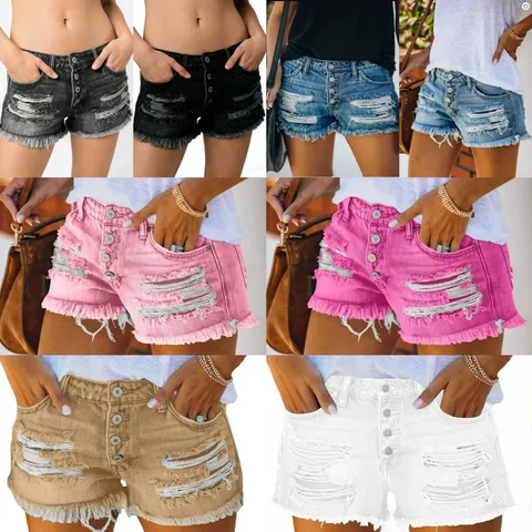 Women High Waisted Distressed Denim Shorts Multi Button Fly Frayed Hem Ripped Jean Shorts Summer Casual Streetwear Bottom