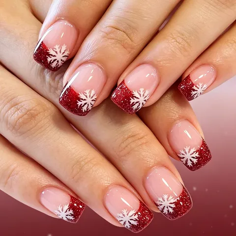 Christmas Snowflake Red Glitter Short Square Press On Nails Reusable Artificial False Nails For Women Festive Party Manicure