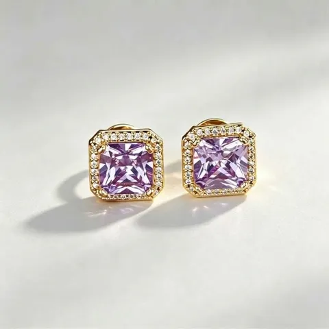 Vintage Orecchini a Bottone in Rame Placcato Oro con Strass Quadrati Viola per Donna Gioielli Geometrici in Stile Halo
