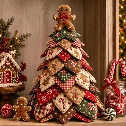 DIY Quilted Fabric Christmas Tree Kit Handmade Patchwork Holiday Tree Desktop Decor Gingerbread Snowman Theme Ornament