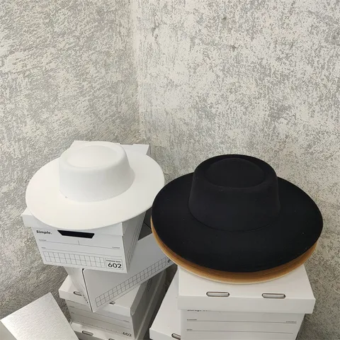 Cotton French Retro Flat Top Fedora Hat For Women Wide Brim British Style Solid Color Imitation Wool Felt Boater Hat Autumn Winter