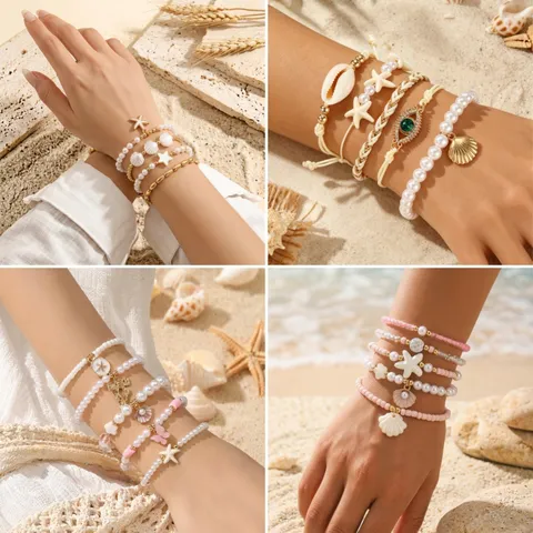 Summer Beach Vacation Style Starfish Shell Artificial Pearl Layered Beaded Bracelets Bohemian Elastic Woven Rope Bracelet Collection For Women Jewelry Gift