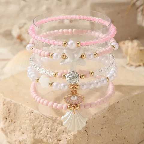 Summer Beach Vacation Style Starfish Shell Artificial Pearl Layered Beaded Bracelets Bohemian Elastic Woven Rope Bracelet Collection For Women Jewelry Gift